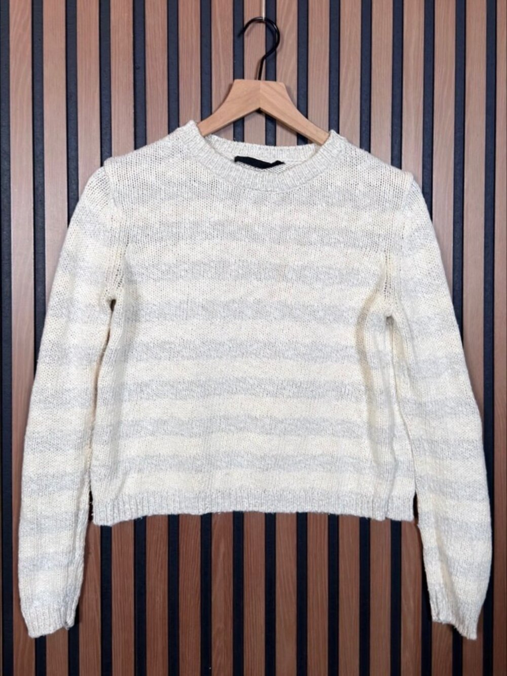 Jenni Kayne Sweater Small Women Ivory Gray Striped Crewneck Pullover Linen Blend